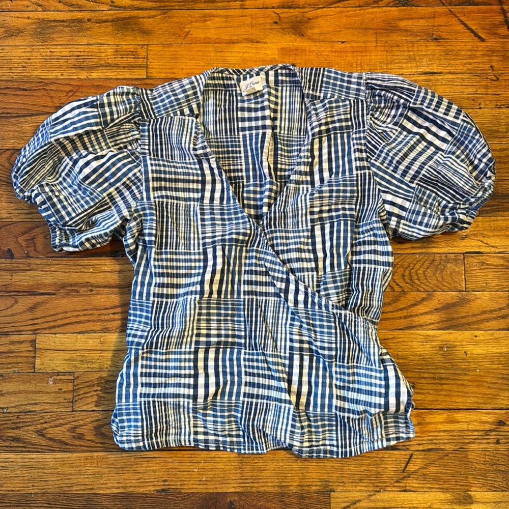 J. CREW Women's Puff Sleeve Wrap Top Indigo Patchwork Blouse 100% Cotton Size XL - Picture 2 of 16